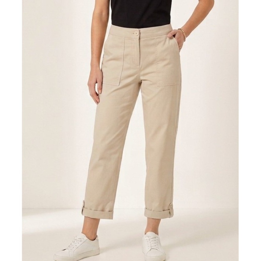 Talbots 6P Khaki Cotton Linen Utility Pants Straight Leg Roll Tab Cuffs Coastal